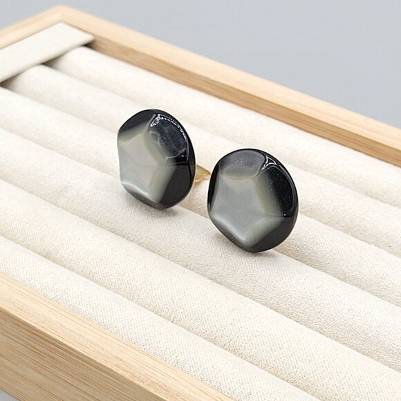 Richelieu Black Silver Star Moon Stone Clip On Earrings Gold Tone Back Vintage - Picture 2 of 8